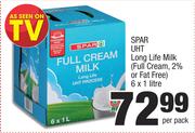 Spar UHT Long Life Milk (Full Cream, 2% Or Fat Free)-6 x 1Ltr Per Pack