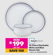 Mainstays 12-Piece Stackable White And Blue Dinner Set 850024005-Per Set