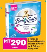 Baby Soft 9 Rolos de papale higienico branco e macio de 2 folhas-cada    