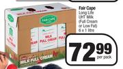 Fair Cape Long Life UHT Milk (Full Cream Or Low Fat)-6 x 1L Per Pack