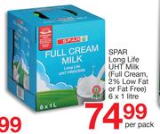 Spar Long Life UHT Milk (Full Cream 2% Low Fat Or Fat Free)-6x1Ltr Per Pack