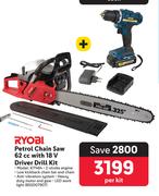 Ryobi Petrol Chain Saw 62cc With 18V Driver Drill Kit 850007907-Per Kit