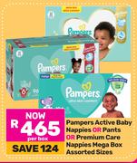 Pampers Active Baby Nappies Or Pants Or Premium Care nappies Mega Box Assorted Sizes-Per Box
