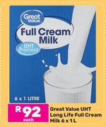 Great Value UHT Long Life Full Cream Milk-6 x 1L Each