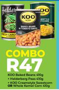 Koo Baked Beans 410g + Helderberg Peas 410g+Koo Creamstyle Sweetcorn Oe Whole Kernel Corn 410g-Combo