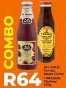 All Gold Tomato Sauce 700ml + Mrs Balls Chutney 470g-Combo