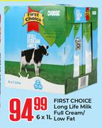 First Choice Long Life Milk Full Cream/Low Fat-6 x 1L