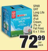 Spar UHT Long Life Milk Full Cream, 2% Or Fat Free-6 x 1Ltr Per Pack