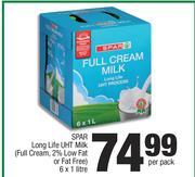 Spar Long Life UHT Milk(Full Cream, 2% Low Fat Or Fat Free)-6x1 Ltr Per Pack