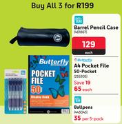 Pen Gear Barrel Pencil Case + Butterfly A4 Pocket File 50 Packet + Pen Gear Ballpens-All For 3