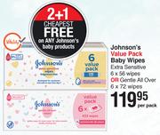 Johnson's Value Pack Baby Wipes Extra Sensitive 6x56 Wipes Or Gentle All Over 6x72 Wipes- Per Pack