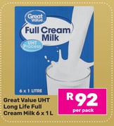 Great Value UHT Long Life Full Cream Milk-6 x 1Ltr Per Pack