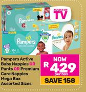 Pampers Active Baby Nappies Or Pants Or Premium Care Nappies Mega Box (Assorted Sizes)-Per Box