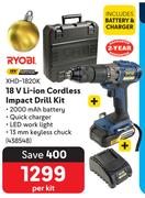 Ryobi 18V Li-Ion Cordless Impact Drill XHD-1820K-Per Kit