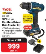 Ryobi 18V Li-Ion cordless Driver Drill Starter Kit XD-180-Per Kit