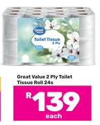 Great Value 2 Ply Toilet Tissue Roll-24s Each