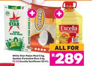 White Star Maize Meal 5Kg+Spekko Parboiled Rice 5Kg+Excella Sunflower Oil 4L-All For