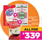 Ace Super Maize Meal 10Kg+Golden Cloud Cake Wheat Flour 10Kg+Excella Long Grain Parboiled Rice 10Kg-