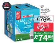 Spar UHT Long Life Milk (Full Cream, 2% Or Fat Free)-6 x 1Ltr Per Pack 