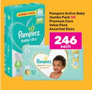 Pampers Active Baby Jumbo Pack Or Premium Care Value Pack Assorted Sizes-Each