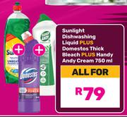 Sunlight Dishwashing Liquid + Domestos Thick Bleach + Handy Andy Cream 750ml-All For