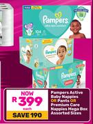 Pampers Active Baby Nappies Or Pants Or Premium Care Nappies Mega Box Assorted Sizes-Each