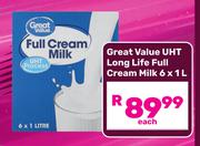 Great Value UHT Long Life Full Cream Milk-6 x 1L Each