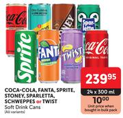 Coca Cola, Fanta, Sprite, Stoney, Sparletta, Schweppes Or Twist Soft Drink Cans-24 x 300ml