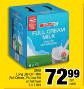 Spar Long Life UHT Milk Full Cream, 2% Low Fat Or Fat Free-6 x 1Ltr 