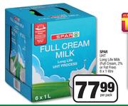 Spar UHT Long Life Milk Full Cream 2% Or Fat Free-6 x 1Ltr Per Pack