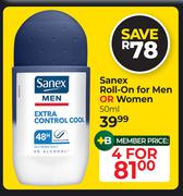 Sanex Roll-On For Men Or Women-For 4 x 50ml