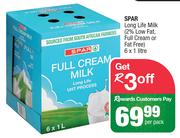Spar Long Life Milk (2% Low Fat, Full Cream Or Fat Free)-6 x 1Ltr Per Pack