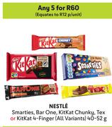 Nestle Smarties, Bar One, KitKat Chunky, Tex Or KitKat 4-Finger (All Variants)-For Any 5 x 40/52g