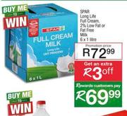 Spar Long life Full Cream 2% Low Fat Or Fat Free Milk-6x1Ltr