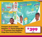 Pampers Active Baby Nappies Or Pants Mega Box Or Premium Care Nappies Mega Box Assorted Sizes-Each