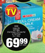 Spar Long Life UHT Milk (Full Cream, 2% Low Fat Or Fat Free)-6 x 1Ltr Per Pack