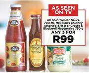 All Gold Tomato Sauce 700ml,Mrs.Ball's Chutney 470g Or Crosse & Blackwell Mayonnaise 750g-For 3