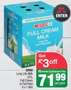 Spar Long Life Milk (2% Full Cream Or Fat Free)- 6 x1Ltr