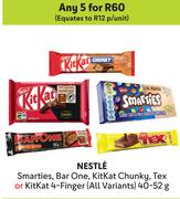 Nestle Smarties, Bar One, KitKat Chunky, Tex Or KitKat 4-Finger(All Variants)-For Any 5 x 40-52g