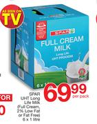 SPAR UHT Long Life Milk(Full Cream, 2% Low Fat Or fat Free)-6 x 1Ltr Per Pack