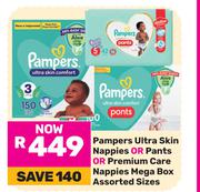 Pampers Ultra Skin Nappies Or Pants Or Premium Care Nappies Mega Box (Assorted Sizes)