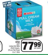 Spar UHT Long Life Milk Full Cream 2% Or Fat Free-6 x 1L Per Pack