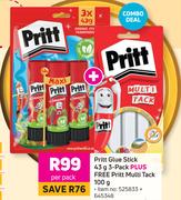 Pritt Glue Stick 43g 3 Pack Plus Free Pritt Multi Tack 100g-Per Pack
