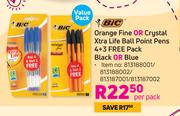 Bic Orange Fine Or Crystal Xtra Life Ball Point Pens 4+3 Free Pack Black Or Blue-Per Pack