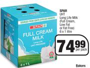 Spar UHT Long Life Milk (Full Cream, Low Fat or Fat Free) 6x 1 Litre- Per Pack