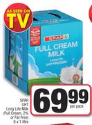 Spar UHT Long Life Milk Full Cream 2% Or Fat Free-6x1Litre Per Pack