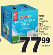 Spar UHT Long Life Milk Full Cream, 2% Or Fat Free-6 x 1Ltr Per Pack