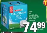 Spar UHT Long Life Milk Full Cream, 2% Or Fat Free-6 x 1L Per Pack