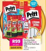 Pritt Glue Stick 43g 3 Pack Plus Free Pritt Multi Tack 100g-Per Pack