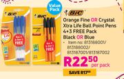 Bic Orange Fine Or Crystal Xtra Life Ball Point Pens 4+3 Free Pack Black Or Blue-Per Pack